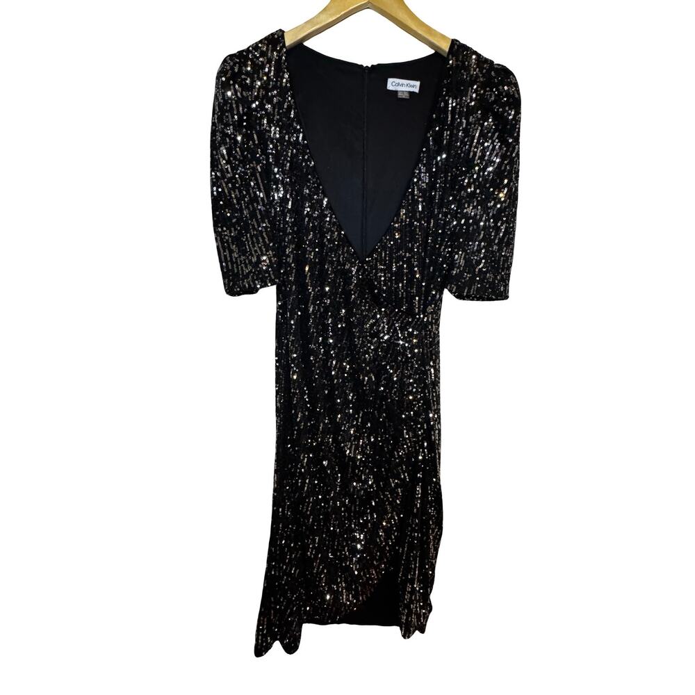 Calvin Klein Allover Sequin Faux Wrap Dress Tulip hem Size 10 - Picture 3 of 6